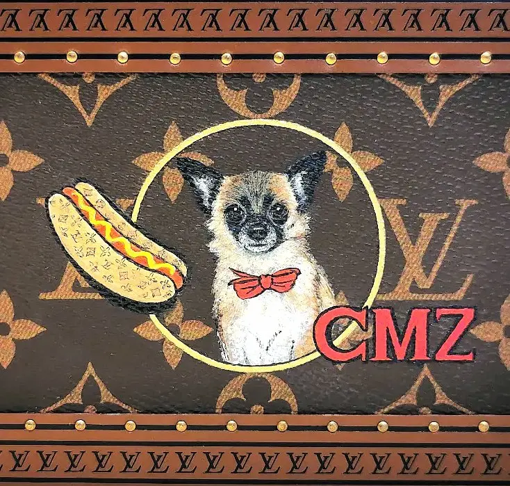 A chihuahua hand-painted by Katia Juan on Louis Vuitton monogram canvas