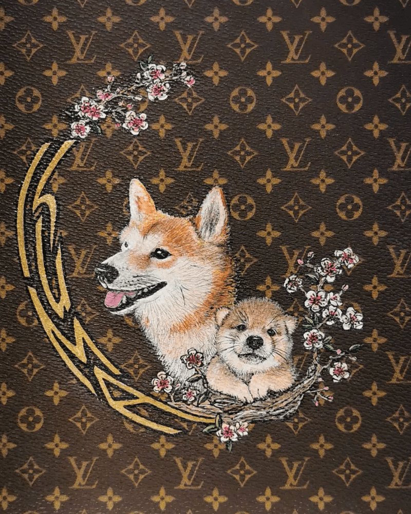 A hand-painted portrait of a shiba inu and pup with cherry blossoms — an example of Katia Juan's custom work