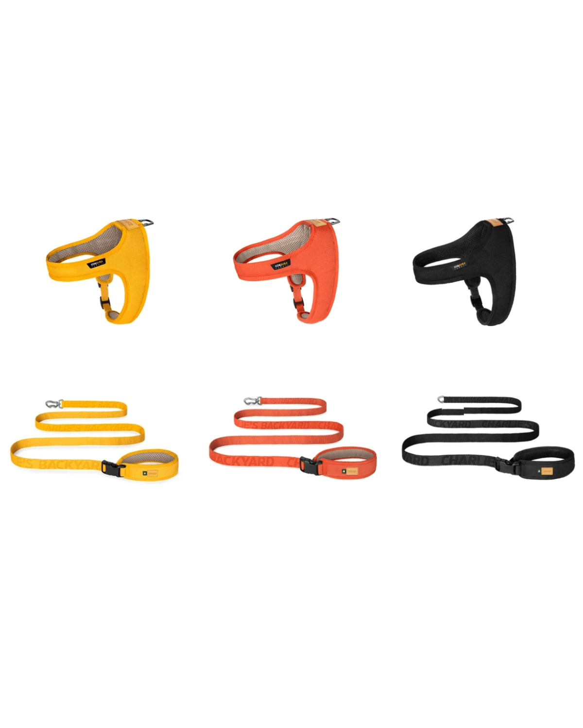 Charlie's Backyard Town Harness and Town Leash in yellow, orange and black — the blank canvas for the custom painting